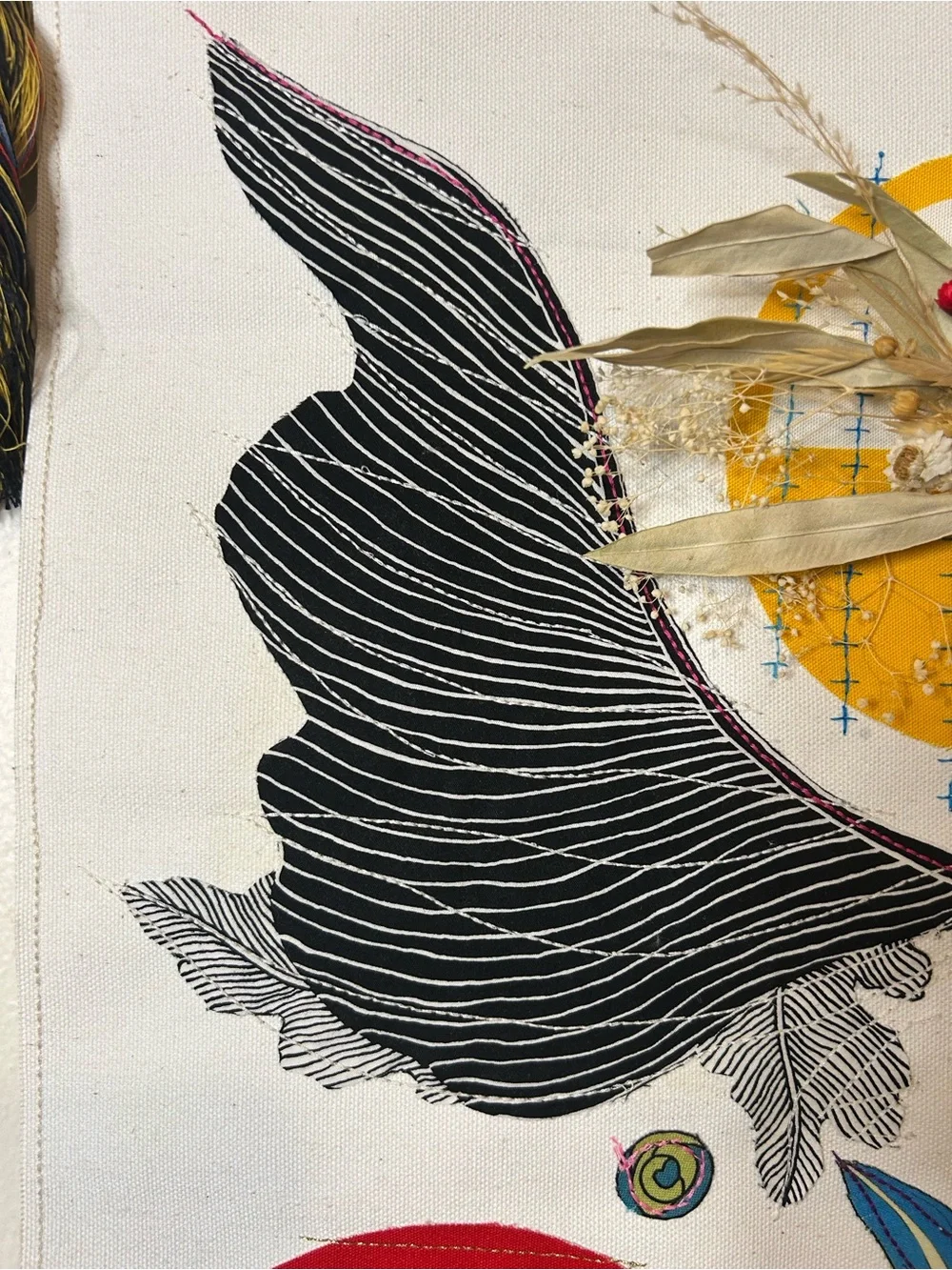 Handcrafted Abstract Textile Wall Hanging with Stitched Appliqués